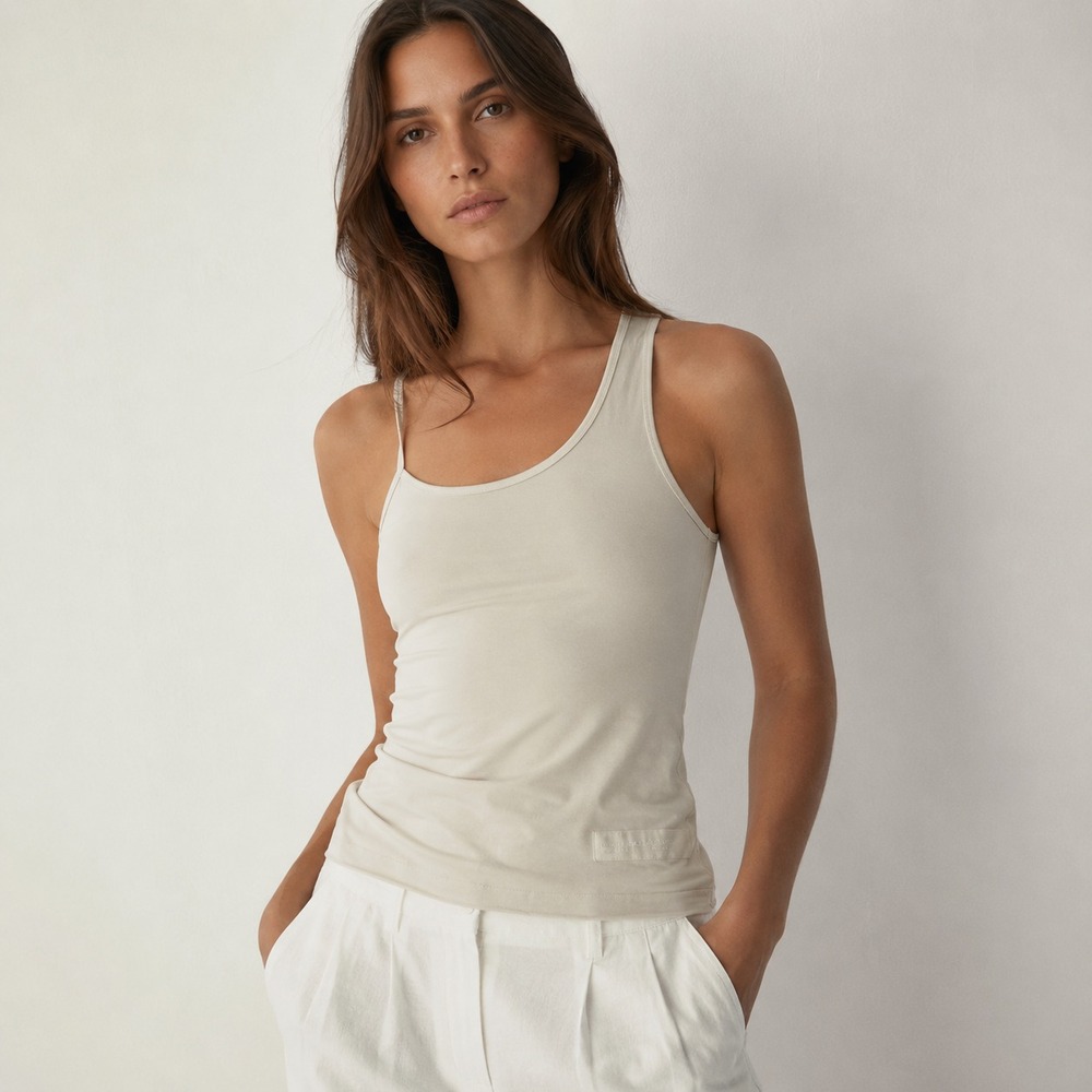Massimo Dutti Tank Top Sheer Beige Womens M  Asymmetric Minimalist Acetate Blend